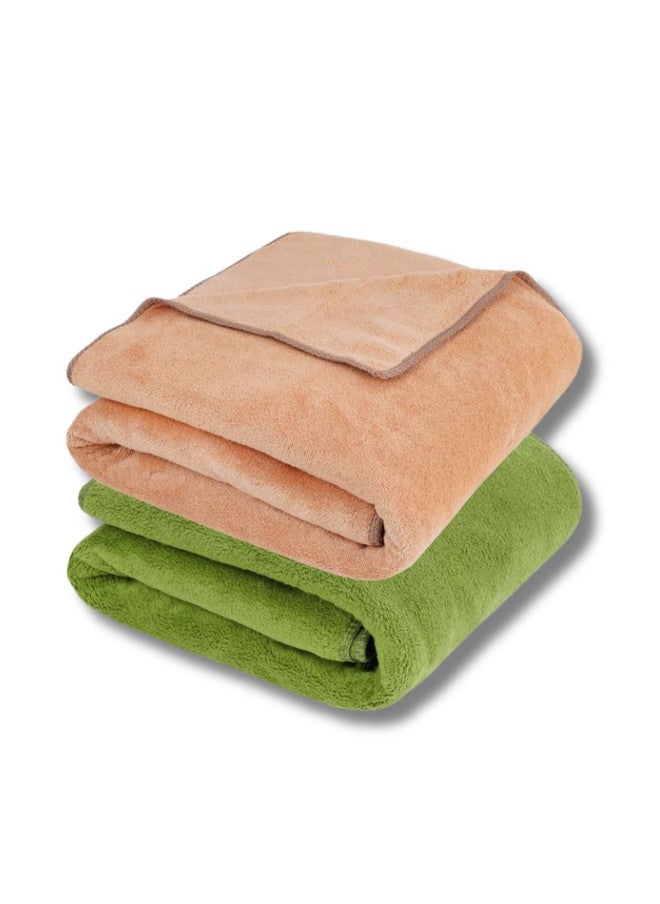 Fezora Beige & Green 2 Pieces Microfiber 400 GSM Bath Towels - Image 1