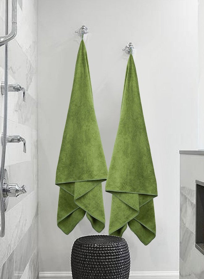 Fezora Beige & Green 2 Pieces Microfiber 400 GSM Bath Towels - Image 2