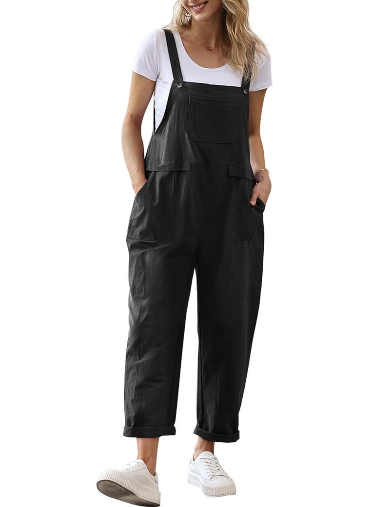 YESNO Women Long Casual Loose Bib Pants Overalls Baggy Rompers Jumpsuits with Pockets (XL PV9 Black) - Image 5