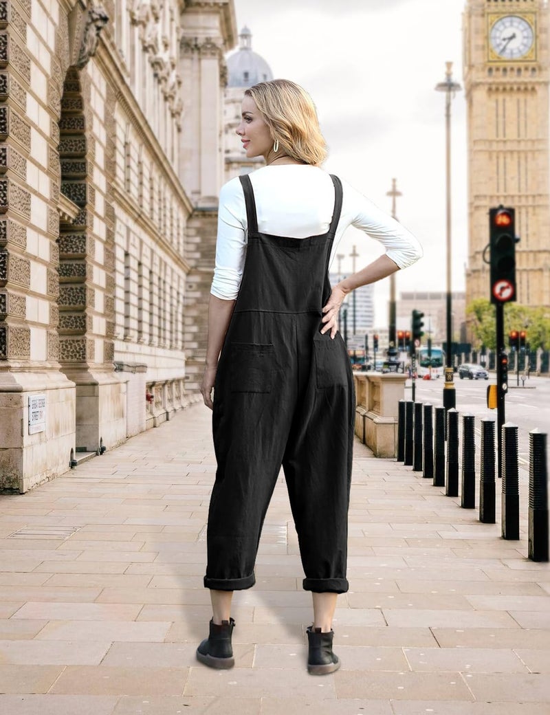 YESNO Women Long Casual Loose Bib Pants Overalls Baggy Rompers Jumpsuits with Pockets (XL PV9 Black) - Image 4