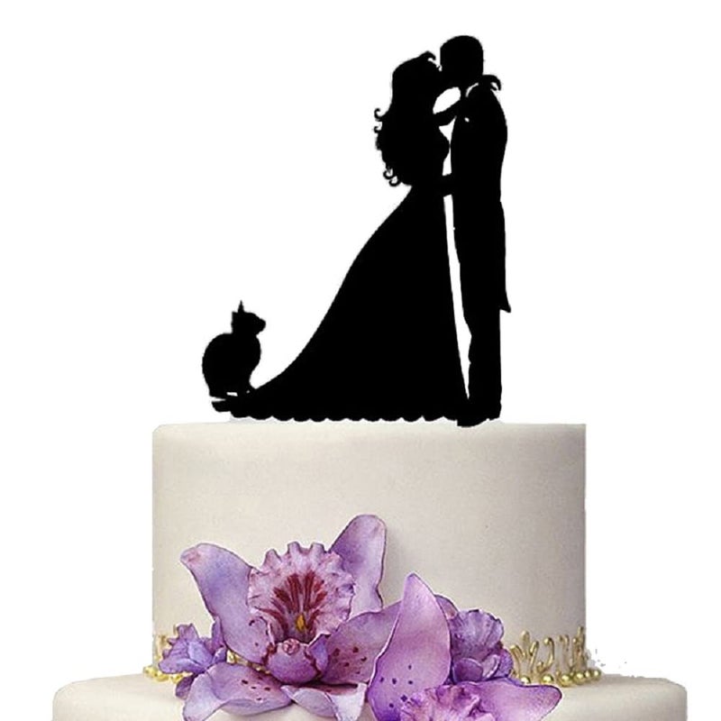 YAMI COCU Wedding Cake Topper  Black Color Acrylic Silhouette Couple Bride and Groom Cat Wedding Party Decorations