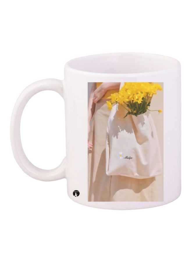 Flower Printed Coffee Mug White/Yellow/Beige 11ounce