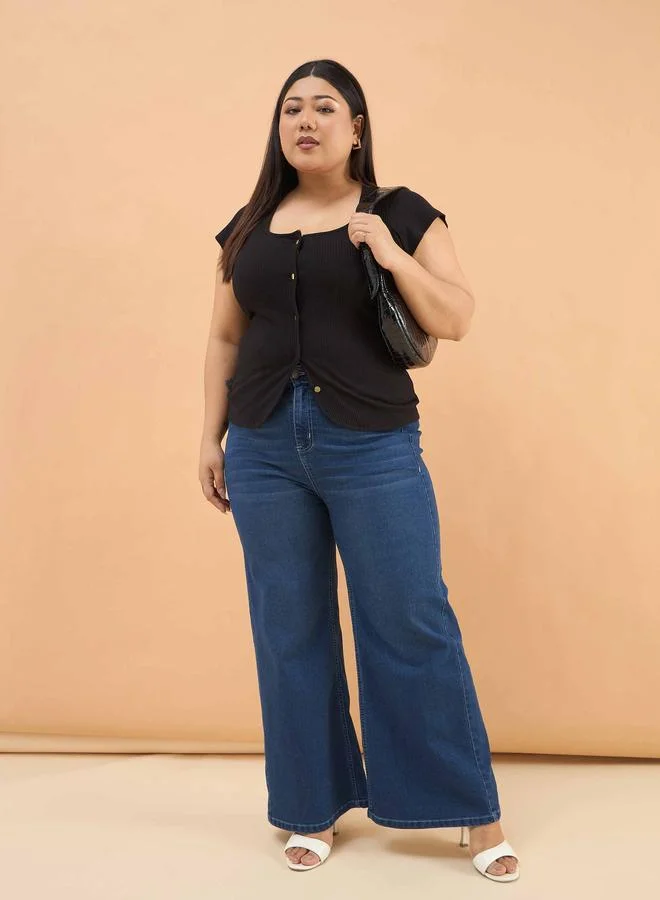 Sassafras Black Plus Rib Square-Neck Button Down Top