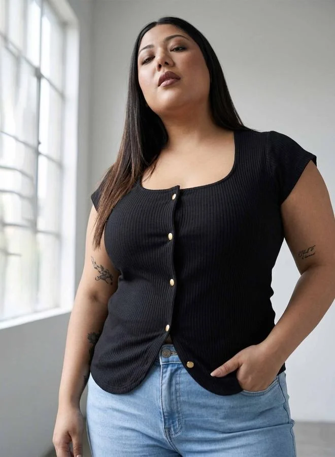 Sassafras Black Plus Rib Square-Neck Button Down Top