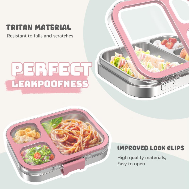 LOHASOK Kids Stainless Steel Lunch Bento Box BPA-Free Leak-Proof Tritan Lid 304 Metal Food Container with 3 Compartments for Girls Boys School,Pink - Image 4
