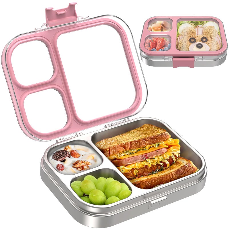 LOHASOK Kids Stainless Steel Lunch Bento Box BPA-Free Leak-Proof Tritan Lid 304 Metal Food Container with 3 Compartments for Girls Boys School,Pink - Image 1