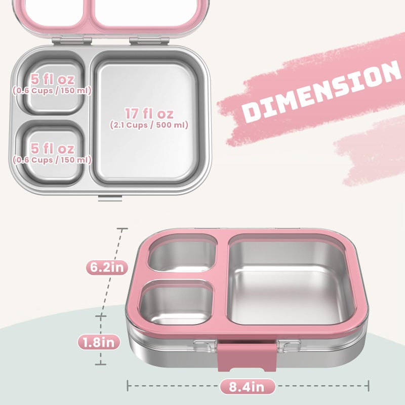 LOHASOK Kids Stainless Steel Lunch Bento Box BPA-Free Leak-Proof Tritan Lid 304 Metal Food Container with 3 Compartments for Girls Boys School,Pink - Image 5