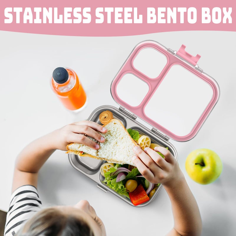 LOHASOK Kids Stainless Steel Lunch Bento Box BPA-Free Leak-Proof Tritan Lid 304 Metal Food Container with 3 Compartments for Girls Boys School,Pink - Image 2