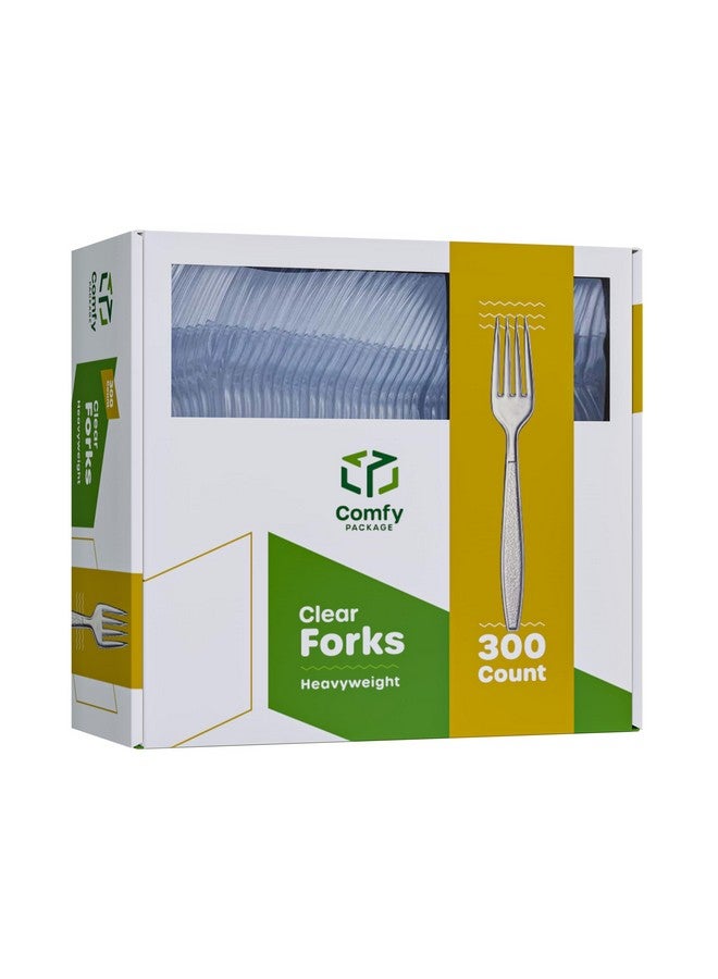 Comfy Package [300 Pack] Heavyweight Disposable Clear Plastic Forks Engraved Design - Image 1