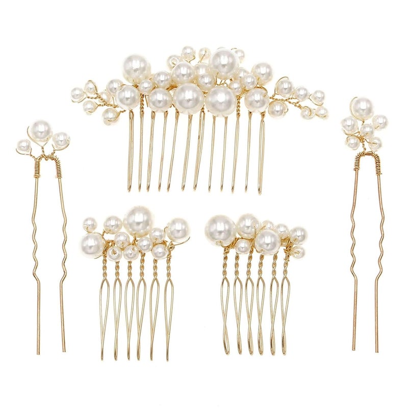 Wedding Pearl Hair Combs Set of 5 PCS  Elegant Hair Accessories for Bridal Women Gold