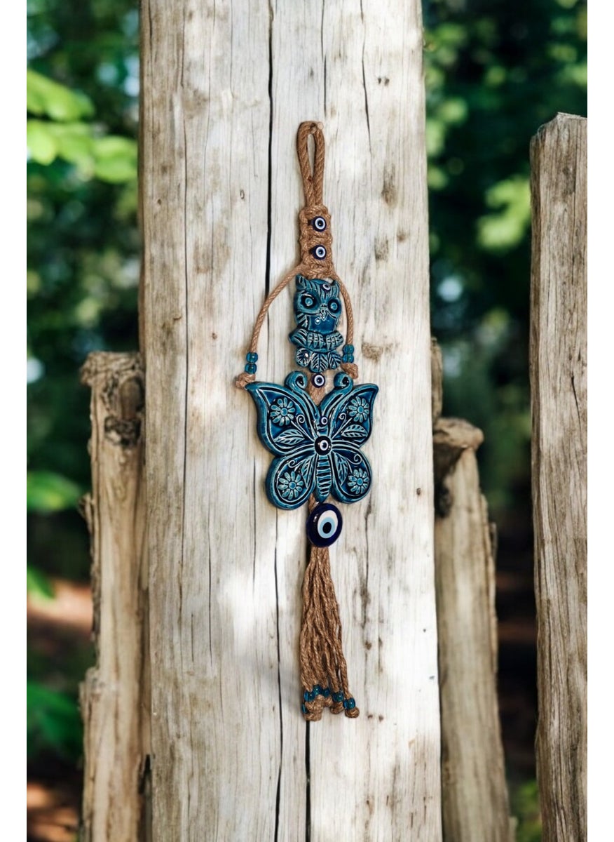 Revard Home - Evil Eye Beaded Ceramic Butterfly and Owl Patterned Evil Eye Decorative Multi-Purpose Wall Ornament 14 x 54 cm - Image 1