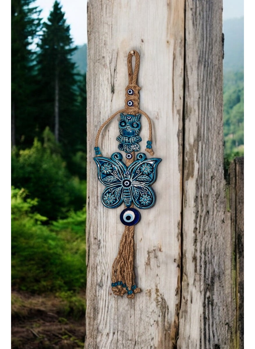 Revard Home - Evil Eye Beaded Ceramic Butterfly and Owl Patterned Evil Eye Decorative Multi-Purpose Wall Ornament 14 x 54 cm - Image 1