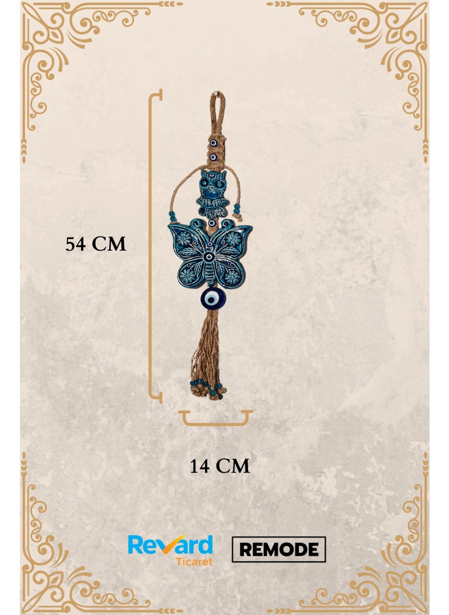 Revard Home - Evil Eye Beaded Ceramic Butterfly and Owl Patterned Evil Eye Decorative Multi-Purpose Wall Ornament 14 x 54 cm - Image 1