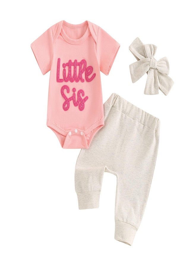 Ayalinggo Baby girl clothes little sister Romper Lil Sis Short Sleeve T-shirt Bobysuit Pants Headband 3pcs Summer Infant outfits (Pink, Newborn) - Image 1