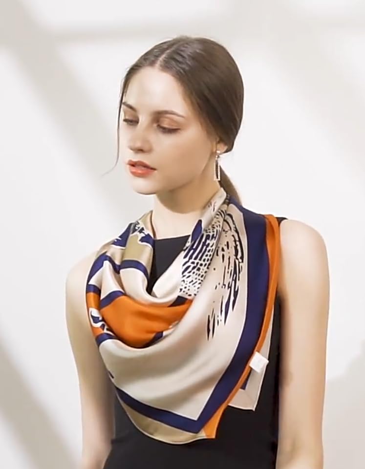 MEISEE 100% Pure Mulberry Silk Square Scarf 26"x26"-65CM Head Scarf for Women Natural Silk Neckerchief Printed Headscarf (Coffee color orange horse) - Image 3