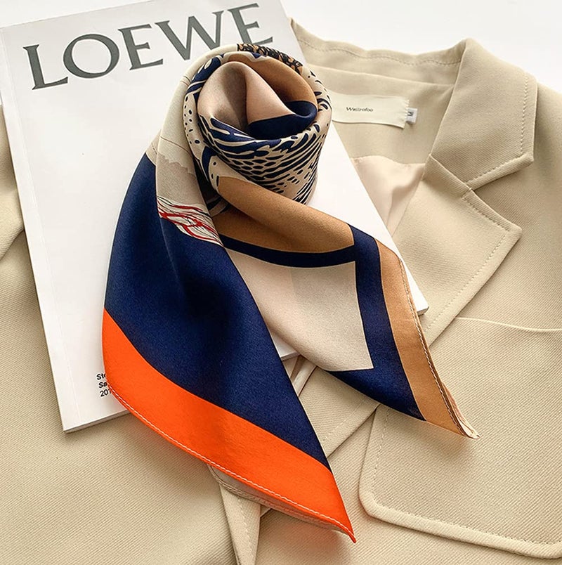 MEISEE 100% Pure Mulberry Silk Square Scarf 26"x26"-65CM Head Scarf for Women Natural Silk Neckerchief Printed Headscarf (Coffee color orange horse) - Image 2