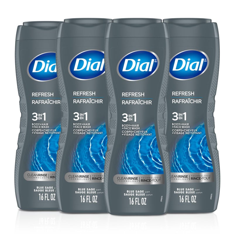 Dial Men 3 in 1 Body, Hair and Face Wash, Refresh, 16 Fl Oz (Pack of 4), Blue Sage Scent, Cleanses Deep + Gentle on Skin with Clean Rinse Technology - Image 1