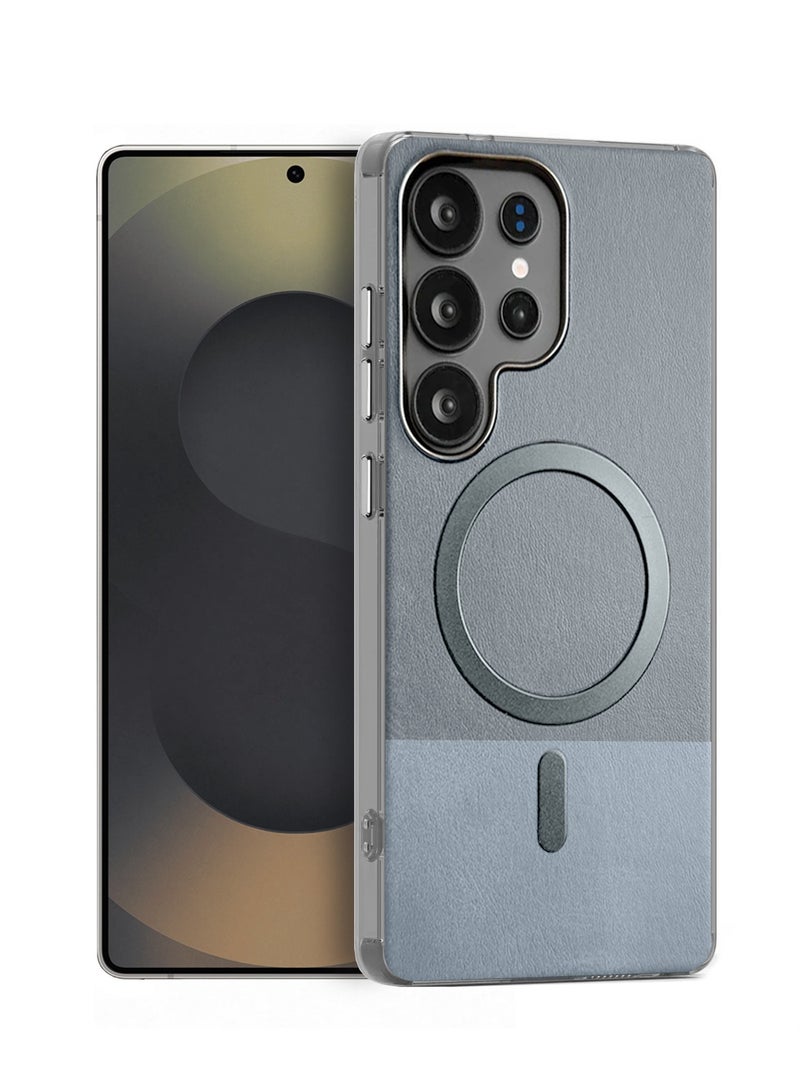 Wtech Samsung Galaxy S25 Ultra 5G 2025 Premium Stylish Metallic Textured Leather Magsafe Ring Case Cover (MCMPMN) - Grey - Image 1