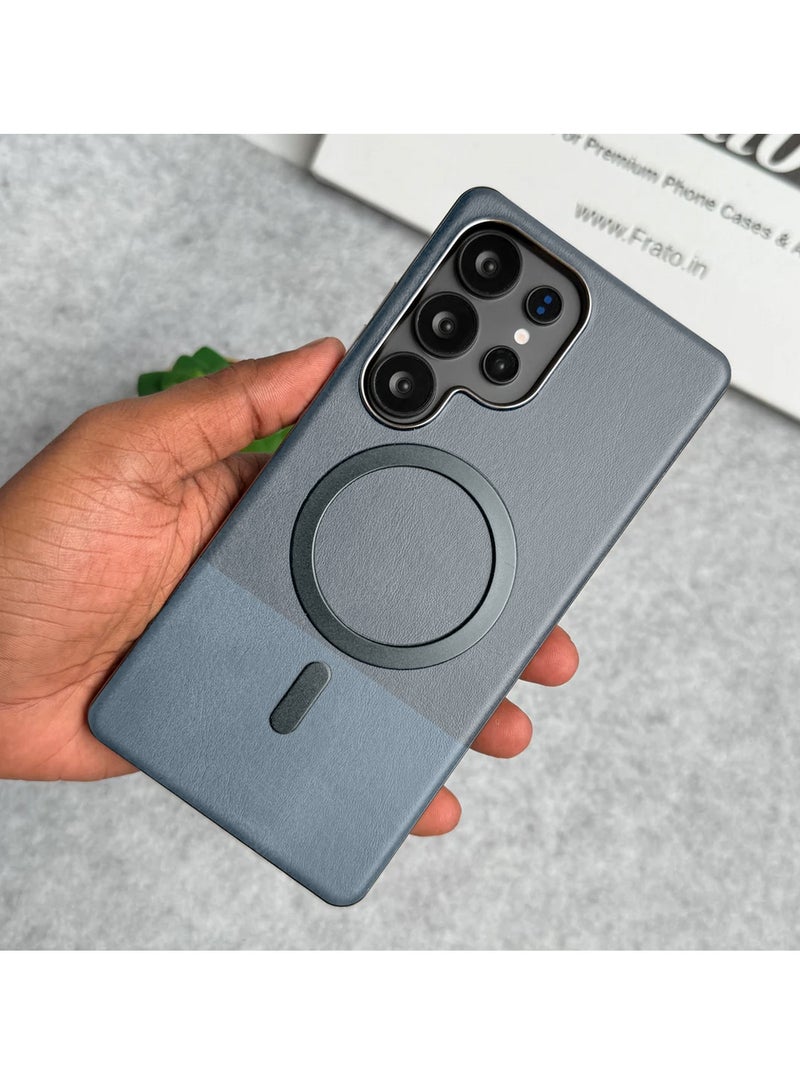 Wtech Samsung Galaxy S25 Ultra 5G 2025 Premium Stylish Metallic Textured Leather Magsafe Ring Case Cover (MCMPMN) - Grey - Image 2