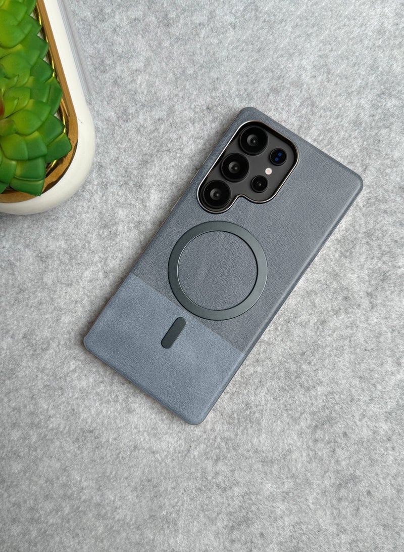 Wtech Samsung Galaxy S25 Ultra 5G 2025 Premium Stylish Metallic Textured Leather Magsafe Ring Case Cover (MCMPMN) - Grey - Image 3