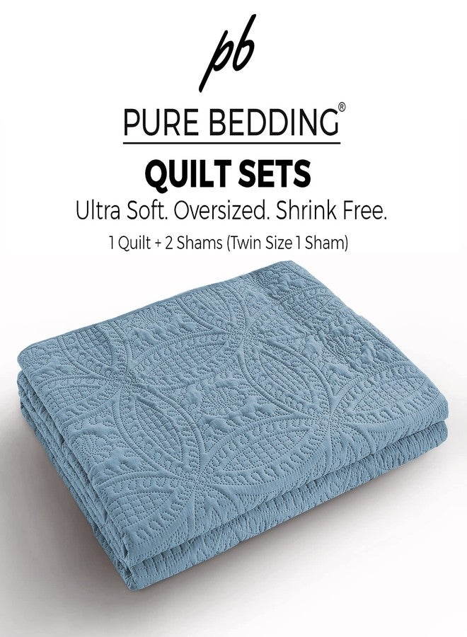 Pure Bedding Quilt Set King/Cal King/California King Size Ash Blue - Oversized Bedspread - Soft Microfiber Lightweight Coverlet for All Season - 3 Piece Includes 1 Quilt and 2 Shams, Geometric Pattern - Image 5