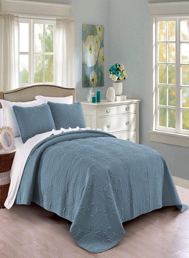 Pure Bedding Quilt Set King/Cal King/California King Size Ash Blue - Oversized Bedspread - Soft Microfiber Lightweight Coverlet for All Season - 3 Piece Includes 1 Quilt and 2 Shams, Geometric Pattern - Image 1