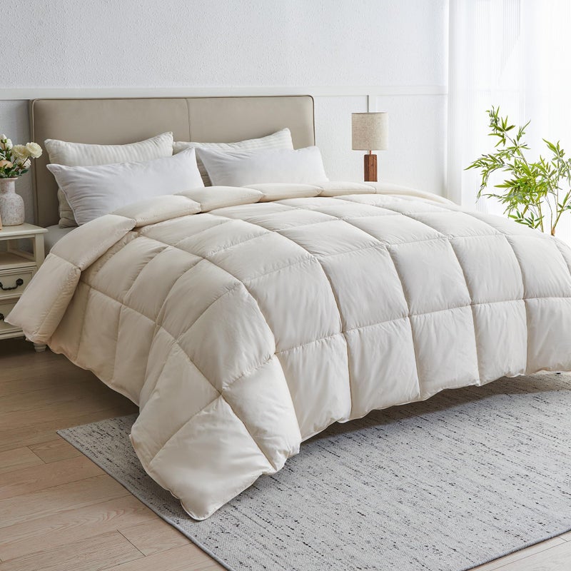 puredown Organic Cotton Feather Comforter Bedding Duvet Insert FullQueen Size All Season 100 Pure Natural Cotton Cover Breathable Fluffy Feather Comforter with Corner Ties Beige 88x90