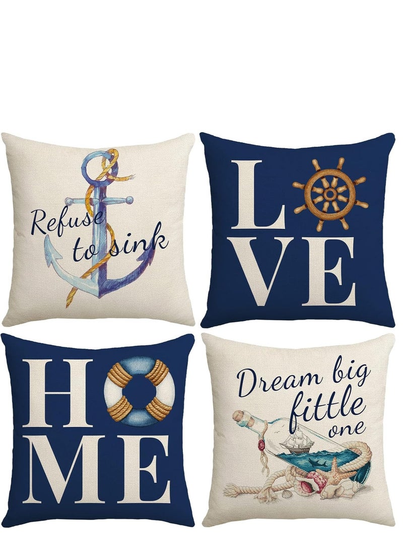 KASTWAVE Throw Pillow Covers 18x18 Nautical Pillow Cover, Farmhouse Summer Decorative Pillow Cover Set of 4, Navy Blue Linen Couch Pillows Covers for Living Room Sofa Bed Home Decor - Image 1