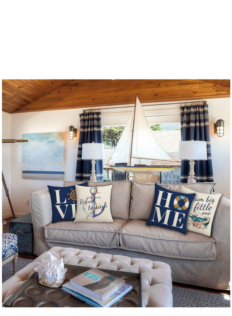 KASTWAVE Throw Pillow Covers 18x18 Nautical Pillow Cover, Farmhouse Summer Decorative Pillow Cover Set of 4, Navy Blue Linen Couch Pillows Covers for Living Room Sofa Bed Home Decor - Image 3