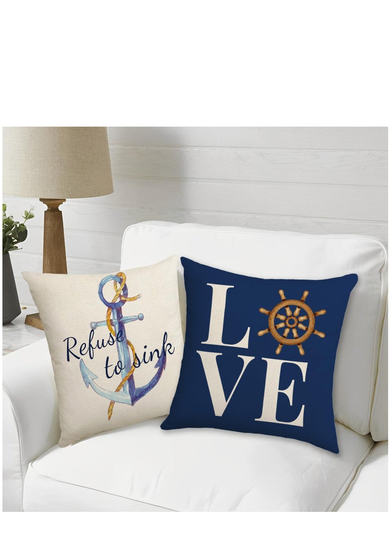 KASTWAVE Throw Pillow Covers 18x18 Nautical Pillow Cover, Farmhouse Summer Decorative Pillow Cover Set of 4, Navy Blue Linen Couch Pillows Covers for Living Room Sofa Bed Home Decor - Image 4