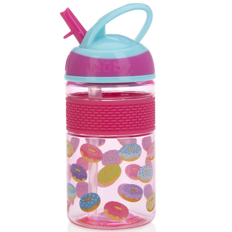 Nuby Thirsty Kids Flip-it Freestyle On the Go Water Bottle with Bite Resistant Hard Straw Cup and Easy Grip Band, Pink Donuts, 12 Ounce - Image 2