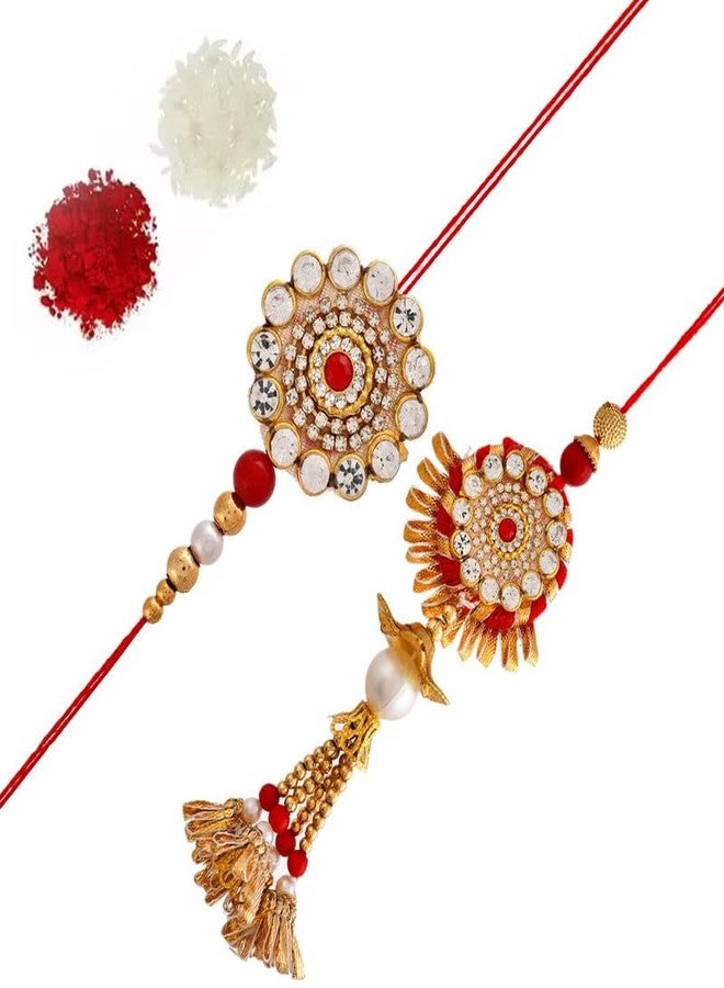 V Kraft مجموعة V Kraft Happy RAKSHA BANDHAN THEME RAKHI COUPLE COMBO لـ BHAIYA BHABHI، DI JIJU، Cousins، BRO SIS مع بطاقة أمنيات خاصة من roli chawal وRakhi (rakhi combo 01) H للجنسين البالغين - Image 1
