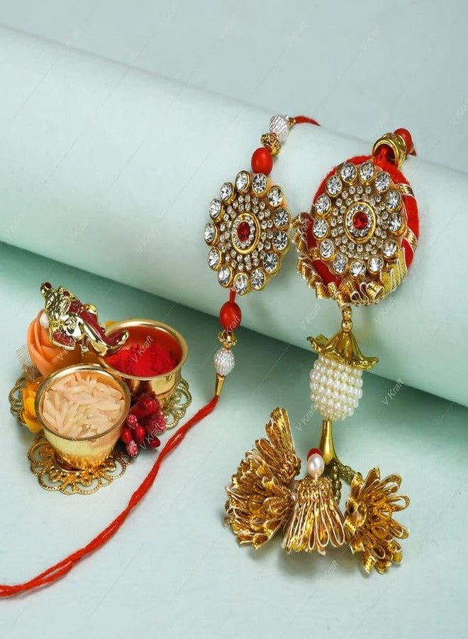 V Kraft مجموعة V Kraft Happy RAKSHA BANDHAN THEME RAKHI COUPLE COMBO لـ BHAIYA BHABHI، DI JIJU، Cousins، BRO SIS مع بطاقة أمنيات خاصة من roli chawal وRakhi (rakhi combo 01) H للجنسين البالغين - Image 2