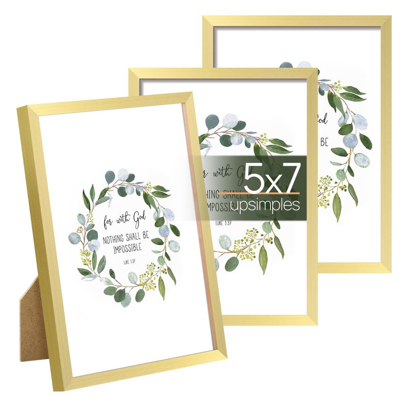 upsimples upsimples 5x7 Picture Frame Set of 3  Made of High Definition Glass for 5 x 7 Gold Frames  Wall and Tabletop Display Thin Border Photo Frame for Home D?cor - Image 1