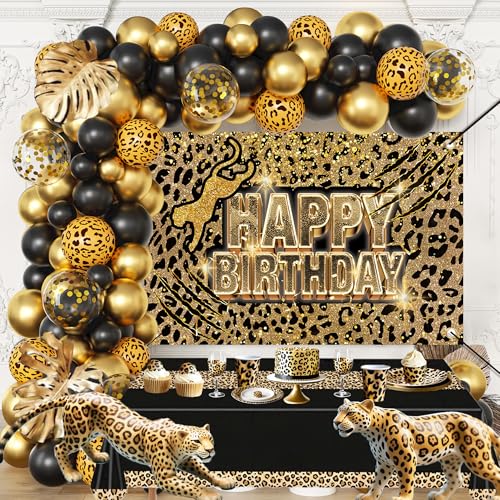 jenmir Cheetah Birthday Decorations For Men WomenLeopard Print Happy Birthday BackdropBalloons Arch for Boy Girl Parties - Image 1