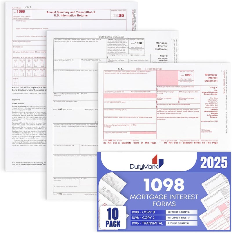 Dutymark 1098 Mortgage Interest Tax Form 2025, 2 Part Laser Federal Tax Forms kit with 1096 Transmittal Designed for QuickBooks and Accounting Software Pack of 10 - Image 1