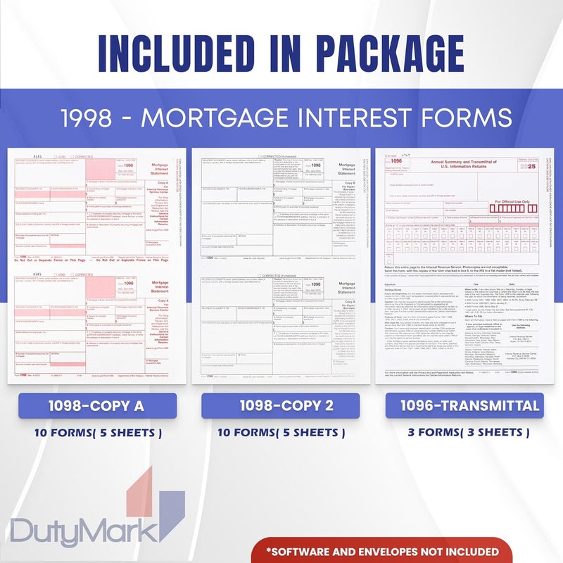 Dutymark 1098 Mortgage Interest Tax Form 2025, 2 Part Laser Federal Tax Forms kit with 1096 Transmittal Designed for QuickBooks and Accounting Software Pack of 10 - Image 2