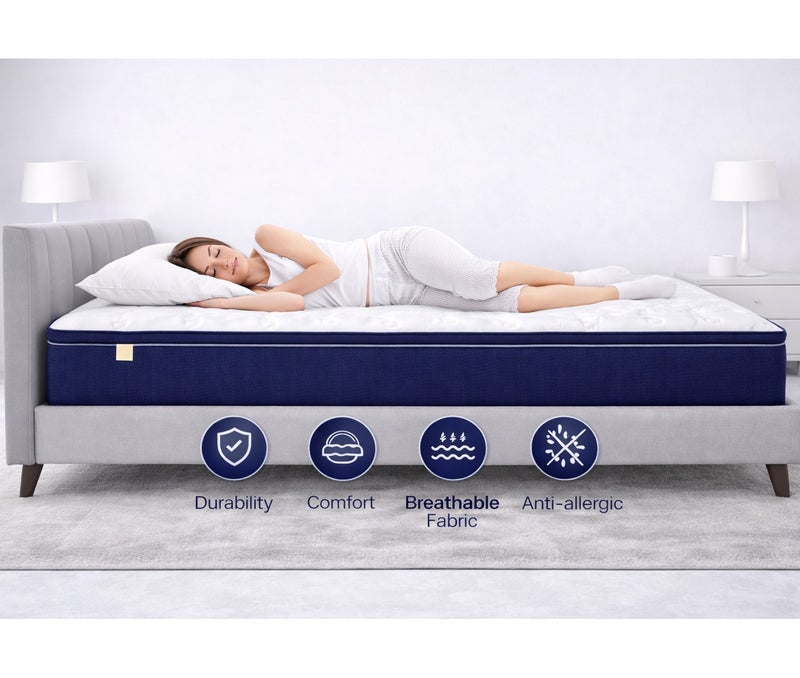 ريكسال هوم مرتبة Rexal Home Euro Dream بنظام النوابض الجيبية الهجينة – سماكة 30 سم، ميموري فوم جل طبي متوسط الصلابة، عزل حركة ودعم للظهر، مقاس كوين 150 × 190 سم - Image 4