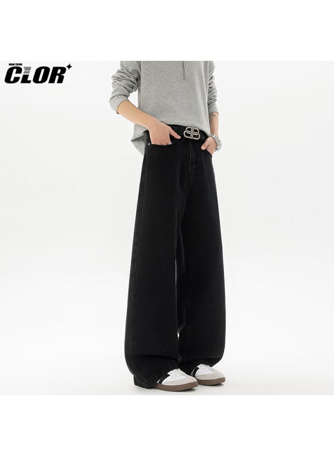 Clor American Vintage Washed Curved Blade Jeans Men Spring Summer Trendy Loose Straight Wide Leg Pants Nz16 Black L - Image 3