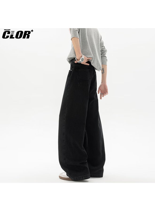 Clor American Vintage Washed Curved Blade Jeans Men Spring Summer Trendy Loose Straight Wide Leg Pants Nz16 Black L - Image 1