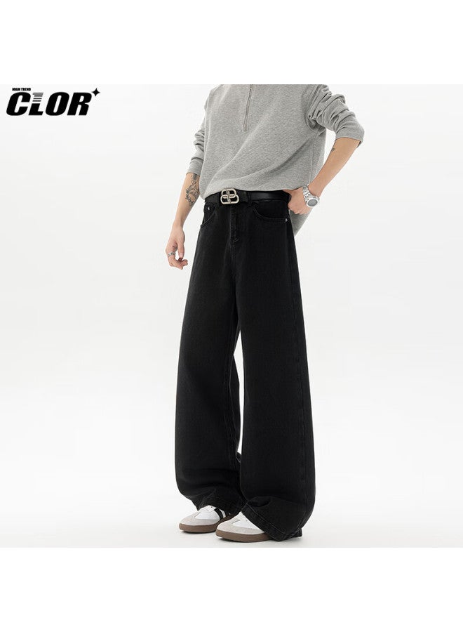 Clor American Vintage Washed Curved Blade Jeans Men Spring Summer Trendy Loose Straight Wide Leg Pants Nz16 Black L - Image 2