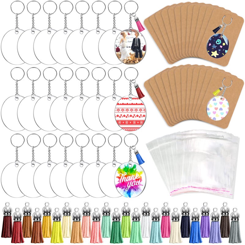 ZOCONE 144 PCS 2 INCH Acrylic Keychain Blanks Set, Clear Circle Acrylic Blank Bulk with Keychain Ring, Display Card, Packing Bag, Jump Rings, Tassels for Vinyl DIY Keychain Earring and Craft Project - Image 1