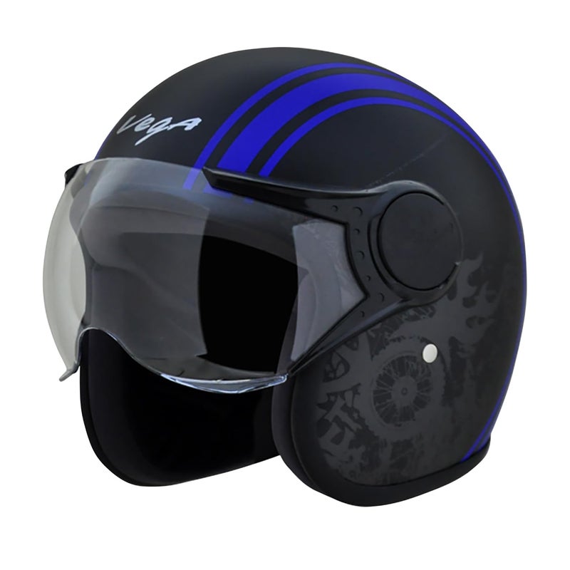 Vega Jet Old School ISI DOT Certified Gloss Finish Open Face Helmet for Men and Women with Clear Visor(Black Blue, Size:L) - Image 2