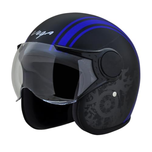 Vega Jet Old School ISI DOT Certified Gloss Finish Open Face Helmet for Men and Women with Clear Visor(Black Blue, Size:L) - Image 1