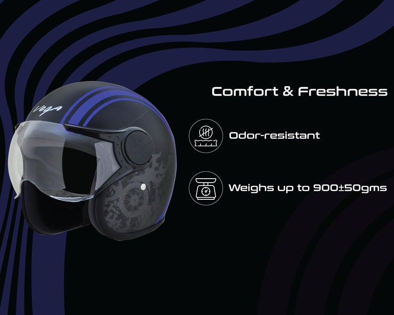 Vega Jet Old School ISI DOT Certified Gloss Finish Open Face Helmet for Men and Women with Clear Visor(Black Blue, Size:L) - Image 4