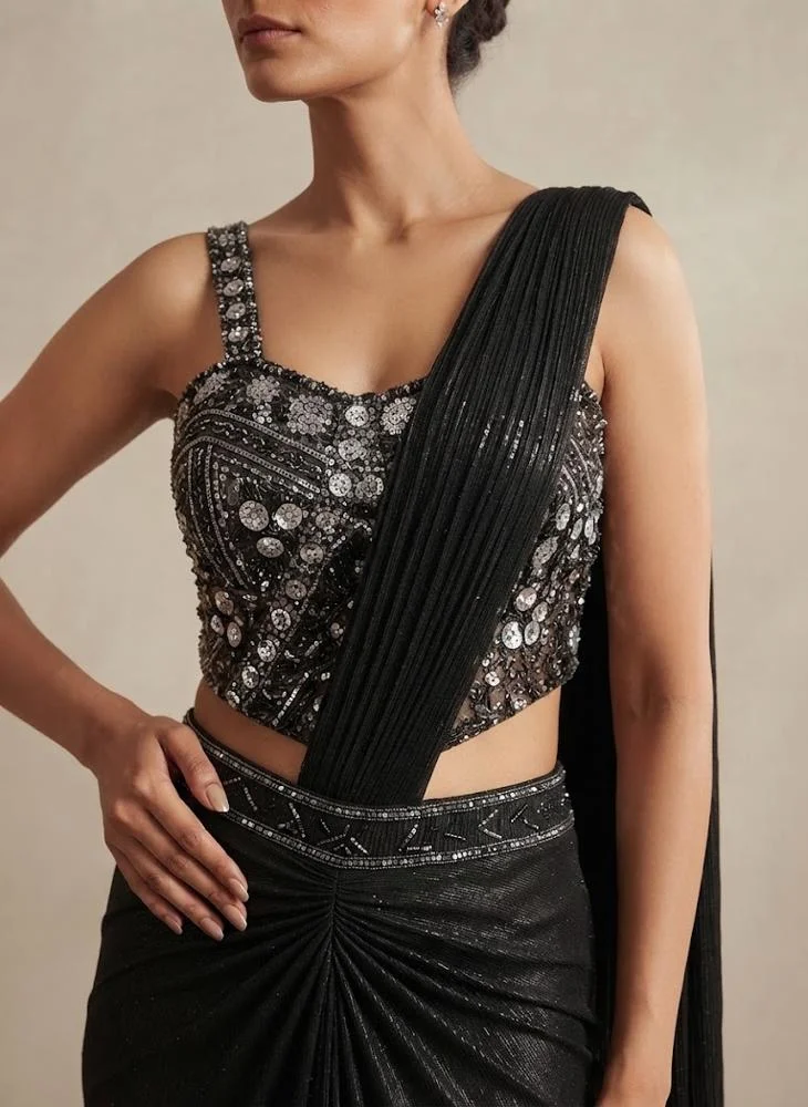 Viny VINY Black 3-Piece Sequin Embellished Saree Set – Women's Indian Ethnic Wear