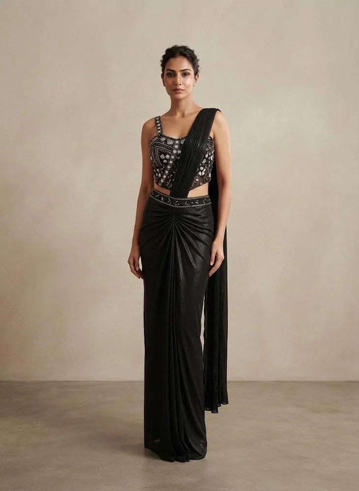 Viny VINY Black 3-Piece Sequin Embellished Saree Set – Women's Indian Ethnic Wear