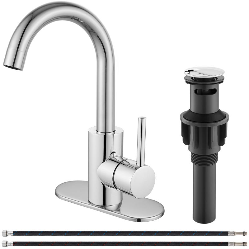Midanya Single Hole Bathroom Faucet 1 Hole Bar Sink Faucet Suitable for Kitchen RV Vanity304 Stainless Steel 360 Swivel Spout with Deck Plate and Popup DrainPolish Chrome