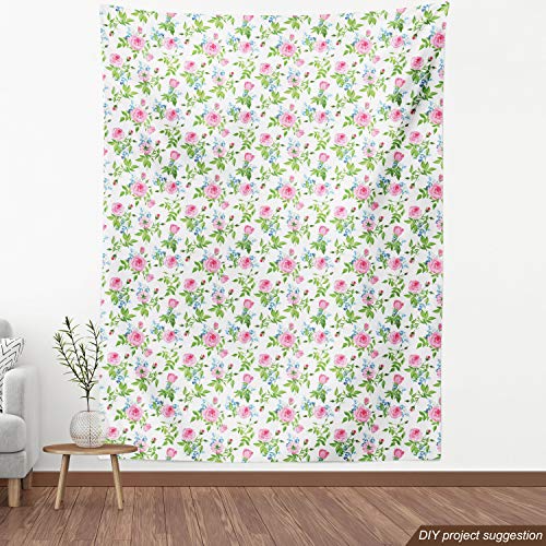 Lunarable Shabby Flora Fabric by The Yard, Forget Me Not Flowers with Pink Roses Tender and Delicate Spring Theme, Decorative Fabric for Upholstery and Home Accents, 2 Yards, Green Pink - Image 4