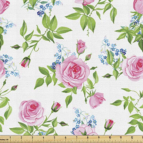 Lunarable Shabby Flora Fabric by The Yard, Forget Me Not Flowers with Pink Roses Tender and Delicate Spring Theme, Decorative Fabric for Upholstery and Home Accents, 2 Yards, Green Pink - Image 1